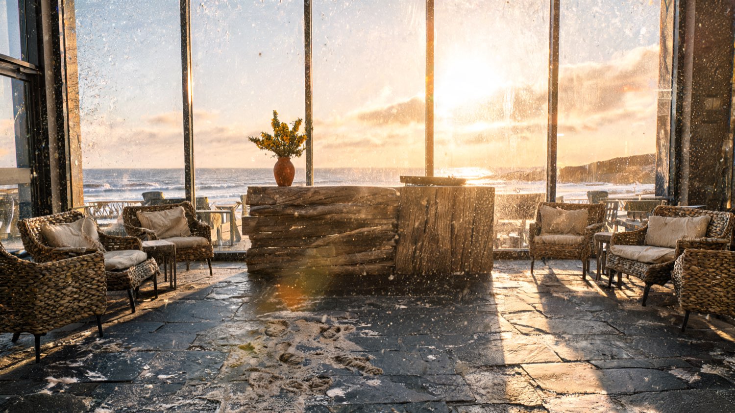 Coastal suite with Cornish slate floor, driftwood furniture and tall windows to the sea